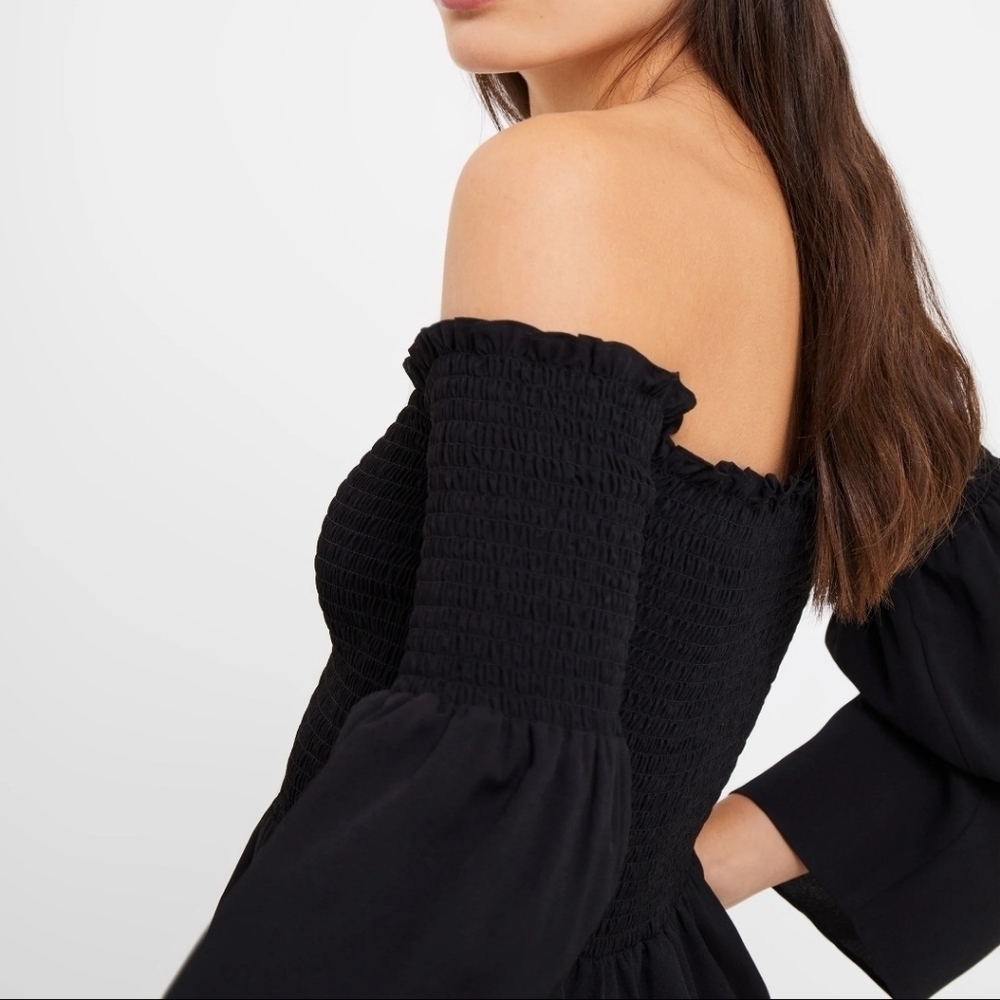 Olivaceous Black Bardot Top Crepe Smocked Medium